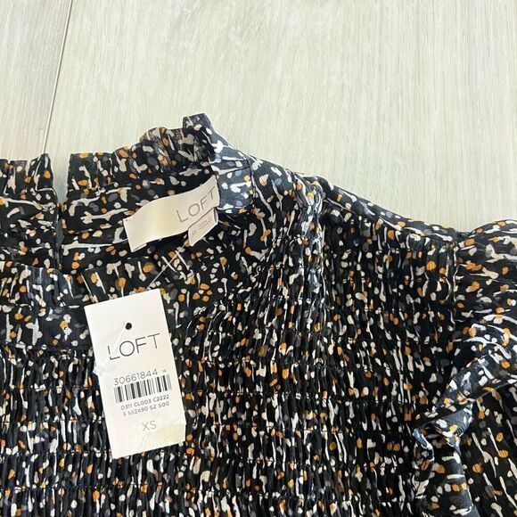 LOFT Black Smocked Yoke Mock Neck Lined Long Sleeve Shirt Womens Size xs - Picture 6 of 8